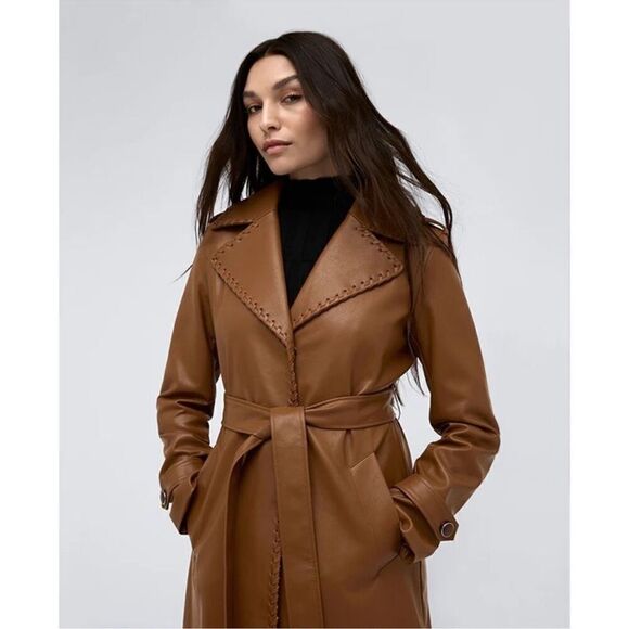 NWT Kenneth Cole Faux Leather Belted Trench Coat In Cognac SP - Picture 4 of 12